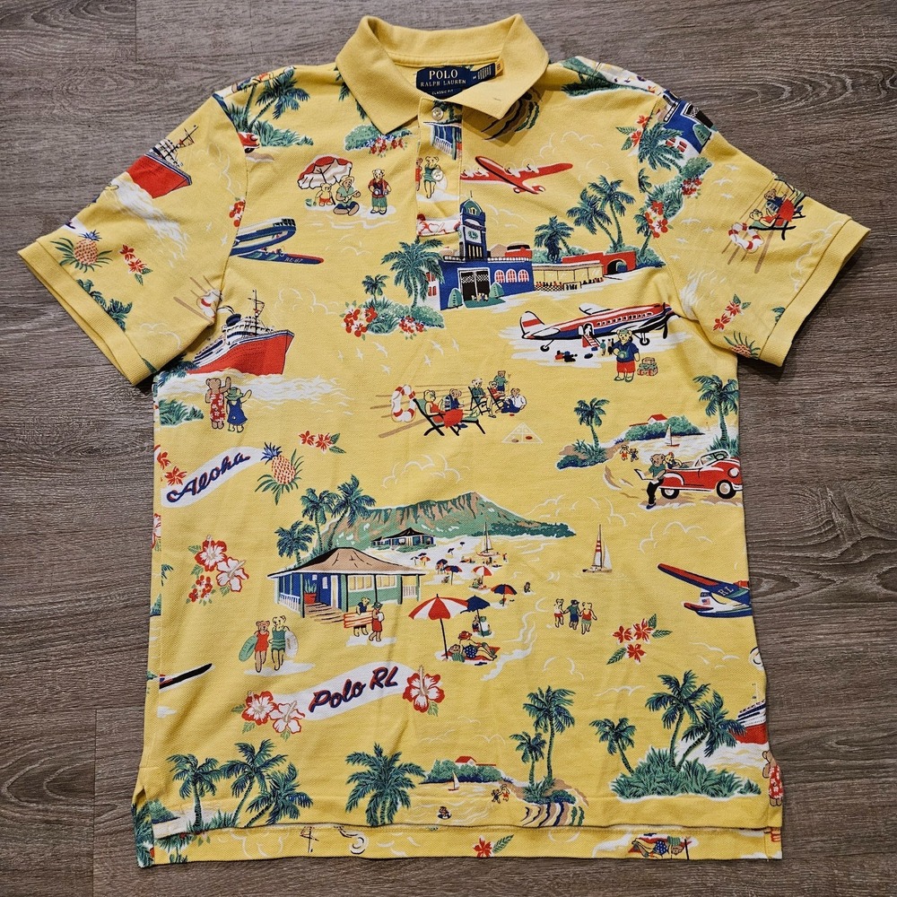 Polo Ralph Lauren Aloha Polo Bear Hawaiian Polo Mens M Yellow Hawaii Classic Fit